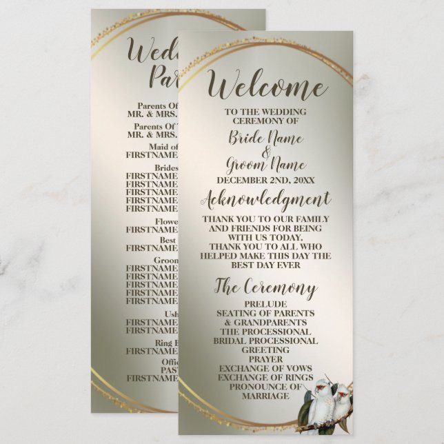 Programa Festas de casamento Brancos Folhas Verde de Cockat (Frente/Verso)