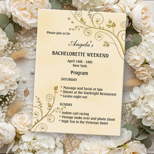 Programa Fim de Semana da Bachelorette Itinerária Dourada F (Bachelorette weekend itinerary invitation with romantic gold floral swirls on yellow watercolor)