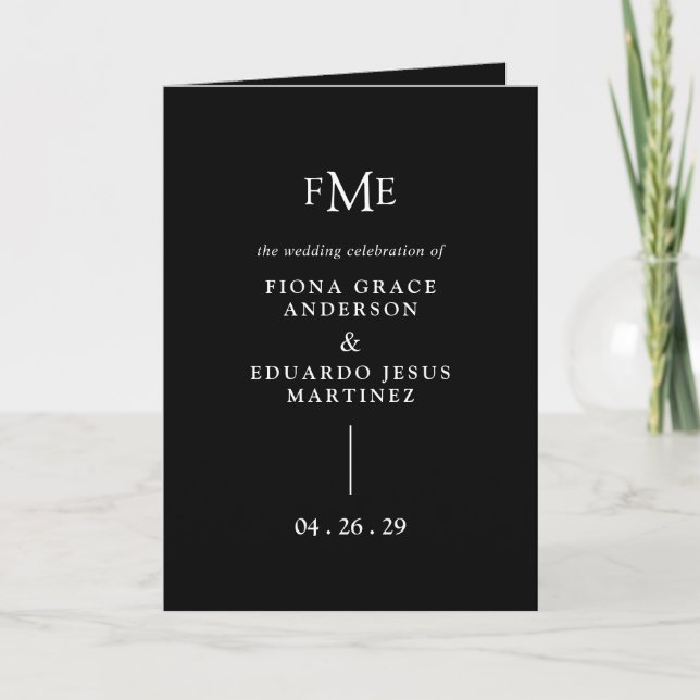 Programa Fiona Black Bold Monograma Casamento Moderno (Frente)