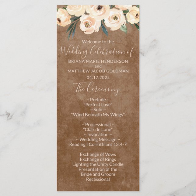 Programa Floral Beige Brown Wedding Program (Frente)
