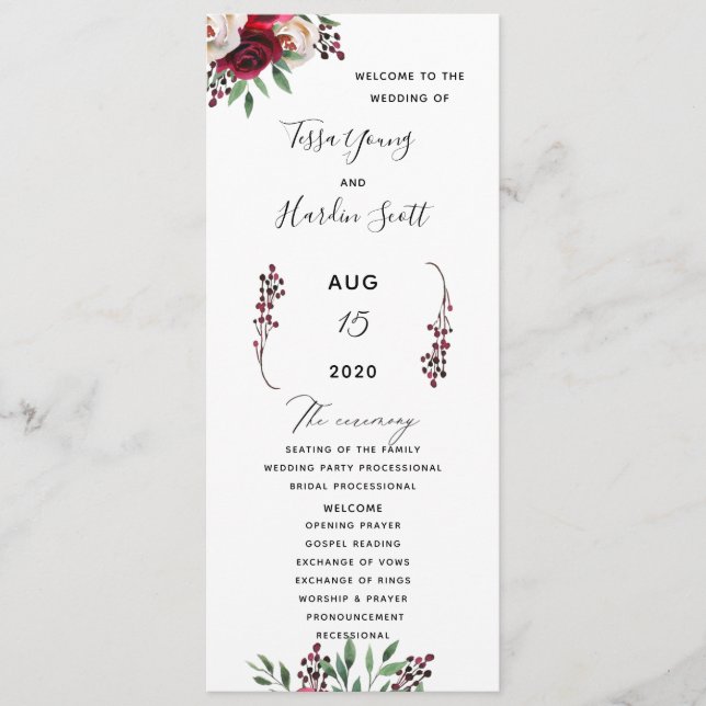 Programa Floral Burgundy Wedding Flat Program (Frente)