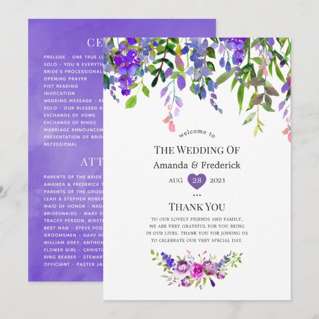 Programa Floral de Casamento em Aquarela Ultra Vio (Frente/Verso)