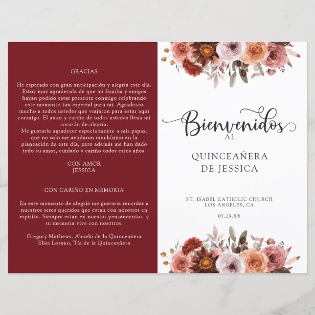 Programa Floral de Quinceanera para Blush Burgundy (Frente)