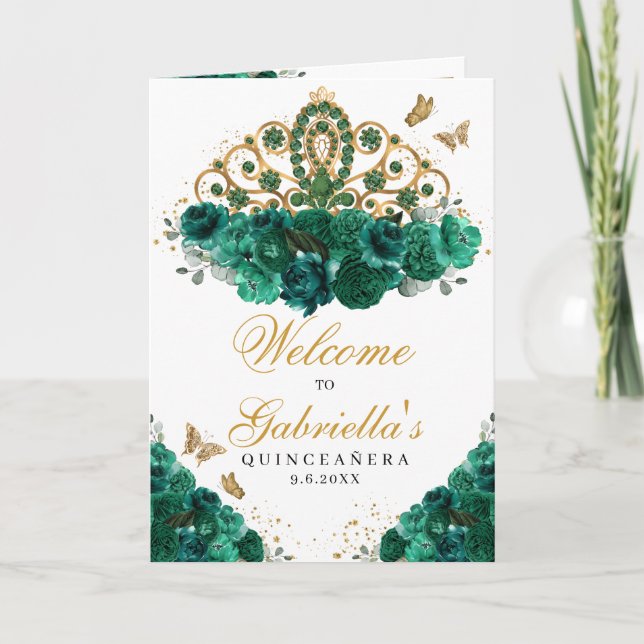 Programa Floral de Quinceanera Verde e Dourado (Frente)