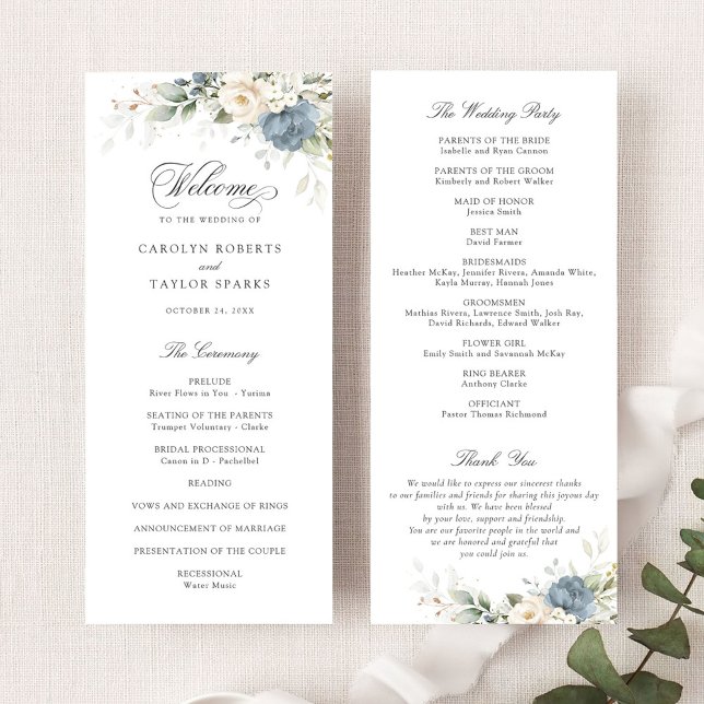 Programa Floral Dusty Blue White Greenery Wedding Program (Criador carregado)