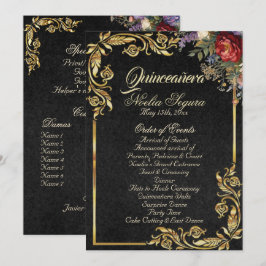 Programa Floral & Gold Leaves - Black Quinceanera Program