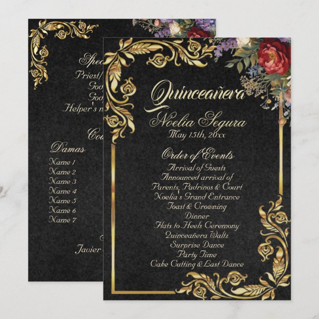 Programa Floral & Gold Leaves - Black Quinceanera Program (Frente/Verso)