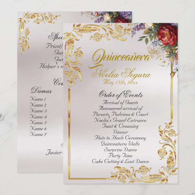 Programa Floral & Gold Leaves - Pearl Quinceanera Program (Frente/Verso)