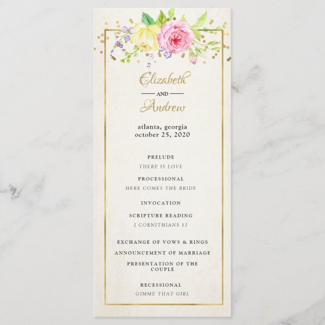 Programa Floral Moderno de Casamento Blush Dourado (Frente)