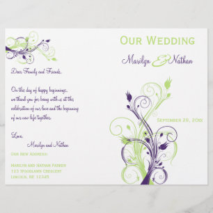 Programa floral roxo, verde, e branco do casamento