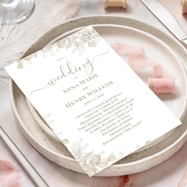 Programa Floral Sage Green para Caligrafia de Casa (Welcome wedding program with elegant sage green greenery and calligraphy script. )