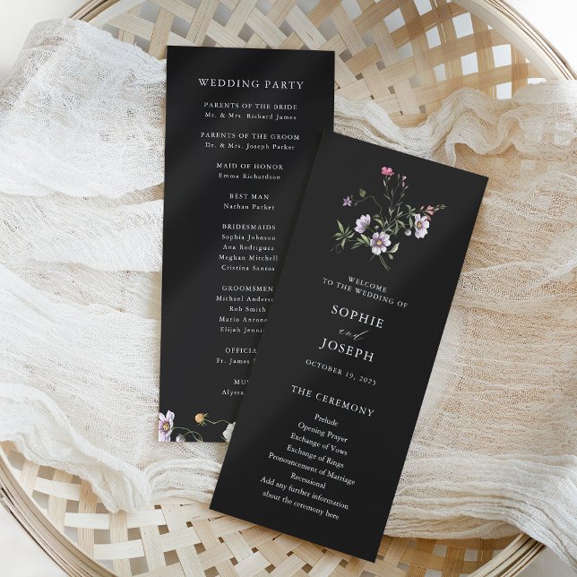 Programa Flores Botânicas Escuras | Casamento Elegante (Simple and elegant botanical wildflowers decorate these trendy wedding programs)