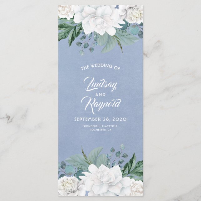 Programa Flores brancas Dusty Blue Elegant Wedding Programs (Frente)