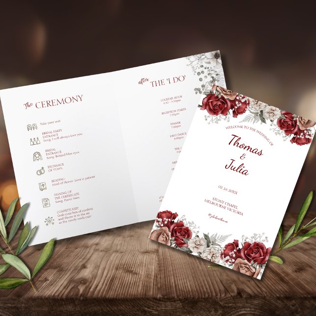 Programa Flores De Borgonha Elegante E Prata Dobradas (Elegant Burgundy & Silver Flowers Folded Program)