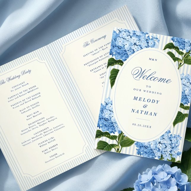Programa Flores de Hortênsia Azul Casamento Papel Doblado (blue hydrangea folded wedding paper program)