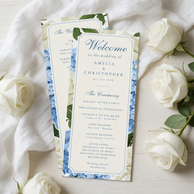Programa Flores de Hortênsia Azul Rosas Brancas Casamento (elegant and formal wedding programs with blue hydrangea flowers and white roses background.)