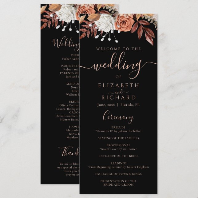 Programa Flores de Terracota Boho Outono Casamento Preto (Frente/Verso)