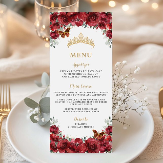 Programa Flores Vermelhas Douradas Quinceanera Birthday Men (red-floral-flowers-gold-butterflies-quinceanera-Quinceañera-15-xv-sweet-sixteen-16-birthday-menu)