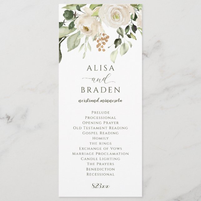 Programa Folhagem Verde Elegante para Casamento Floral Bran (Frente)