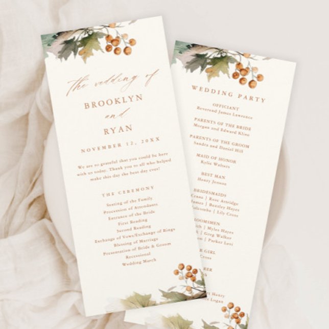 Programa Folhas de Verdura de Outono Rústico para Casamento (A Rustic Wedding Program with Elegant Watercolor Autumn Greenery Leaves and Foliage.)