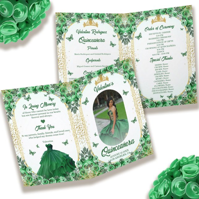 Programa Foto: Dourada brilhante Quinceanera Floral (Photo Green Gold Glitter Floral Quinceanera Program)