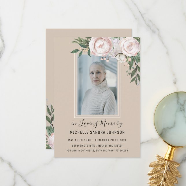 Programa Funeral Floral Beige Photo Memorial (Frente/Verso In Situ)