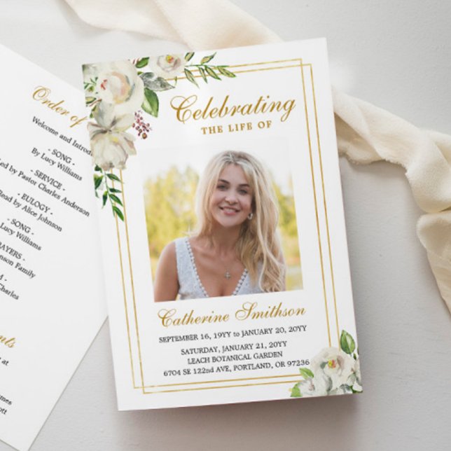 Programa Funeral Memorial de Foto Floral Branca Elegante (Criador carregado)