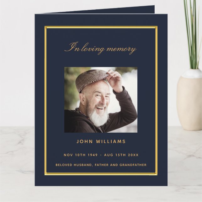 Programa funerário elegante com foto de ouro azul (Frente)
