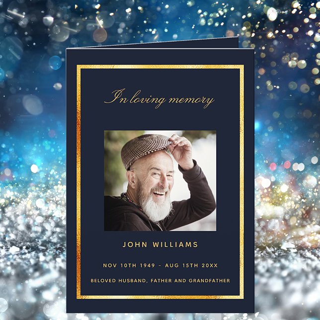 Programa funerário elegante com foto de ouro azul (Criador carregado)