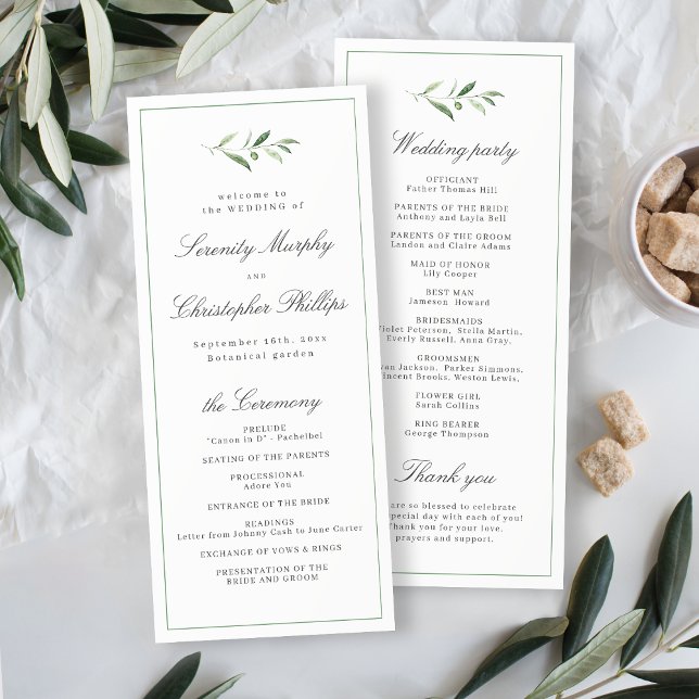 Programa Genérico de Casamento Clássico de Script  (Classic Elegance Script Greenery Wedding Program)