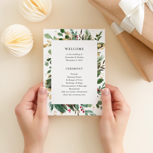 Programa Gilded Greenery White | Casamento de Férias (An elegant program for your Christmas holiday wedding, in white with gold accents)