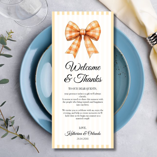 Programa Gingham Bow Wedding Place Setting Thank You Card (Criador carregado)