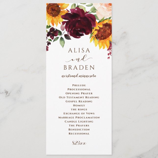 Programa Girassol e Rosas Borgonha Vermelho Casamento de Ou (Frente)