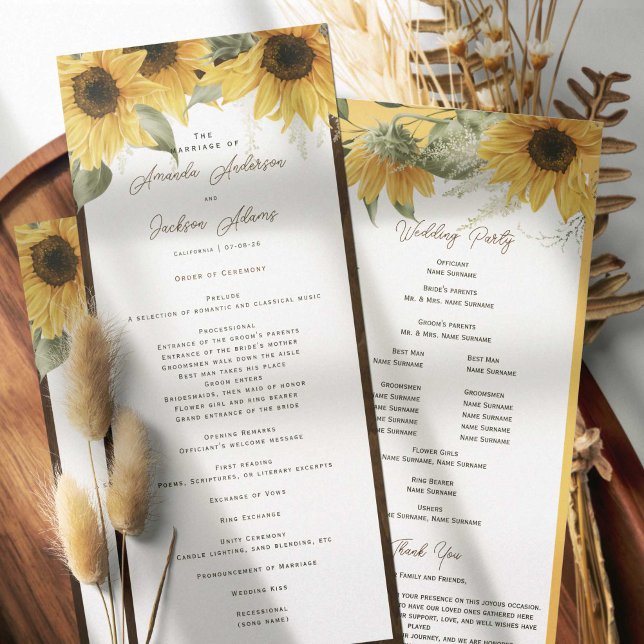 Programa Girassol rústico elegante, casamento country (Beautiful watercolor sunflower painting, rustic themed wedding programs for summer and fall wedding.)