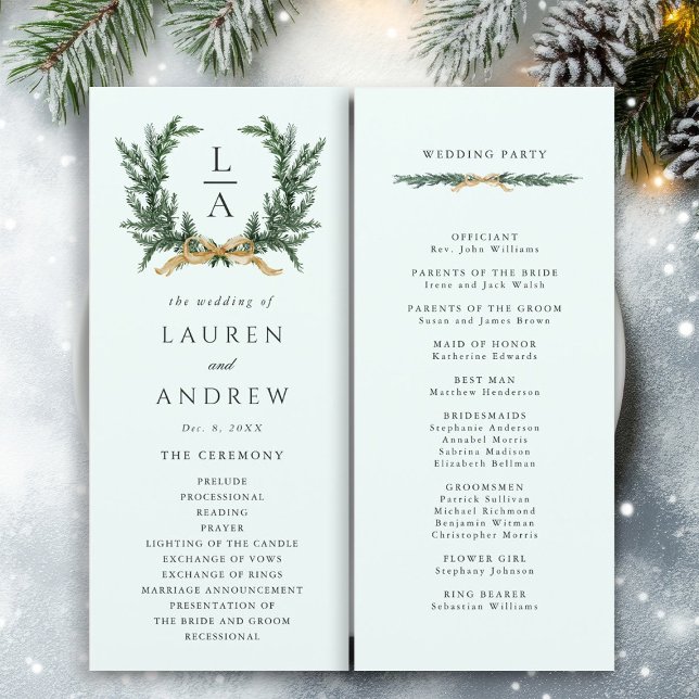 Programa Gold Bow & Green Garland Wedding Ceremony Mint (Front & Back)