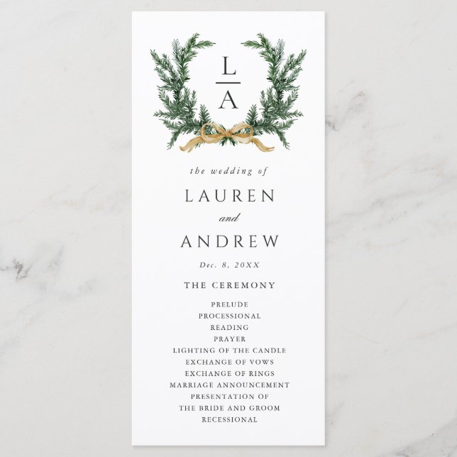 Programa Gold Bow & Green Garland Wedding Ceremony Program (Frente)