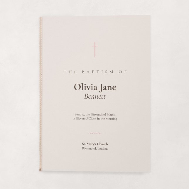 Programa Graça Bege Minimal Cruz Dobrada Batismo (Grace | Blush - Folded Baptism Order of Service (String embellishment not included))