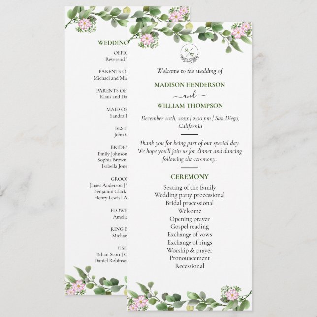 Programa Greenery Elegant e Belo Casamento Floral (Frente/Verso)