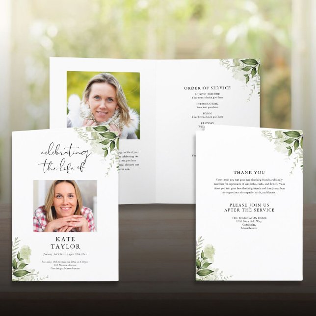 Programa Greenery Floral Funeral Ordem De Serviço Dobrada (Greenery Floral Funeral Order Of Service Folded Program)