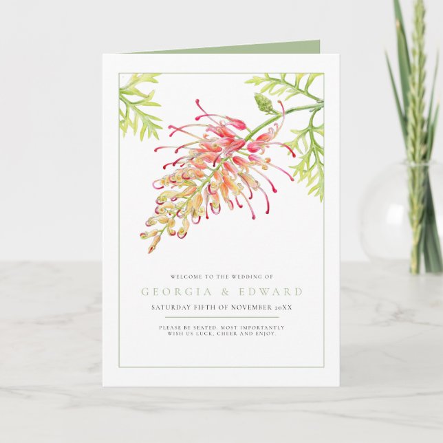 Programa Grevillea watercolor floral, casamento branco verd (Frente)