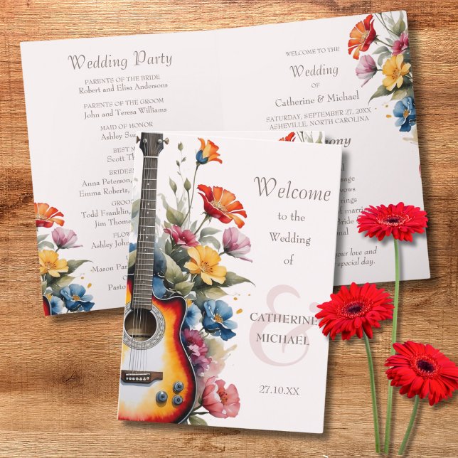 Programa Guitarra Flor Silvestre Musical País Casamento de  (Flat lay musical concert country rustic vibe botanical cottage garden Wedding Program)