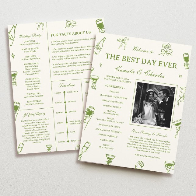 Programa Hand Drawn Doodle Green Wedding  Program (Criador carregado)