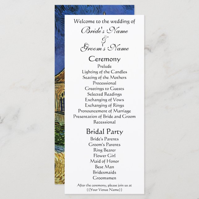 Programa Igreja em Auvers pelo Casamento Vincent van Gogh (Frente/Verso)