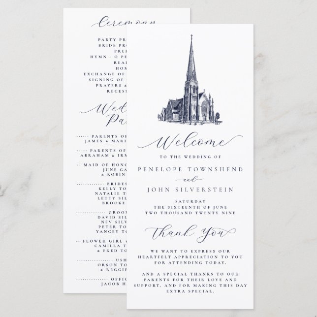 Programa Ilustração de casamento de igreja vintage elegante (Frente/Verso)