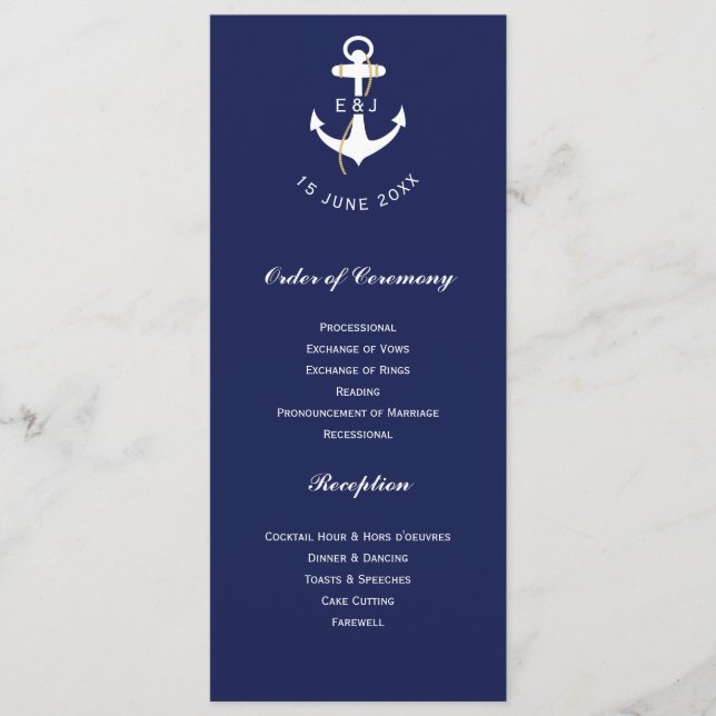 Programa Iniciais de casamento náutico âncora elegante (Frente)