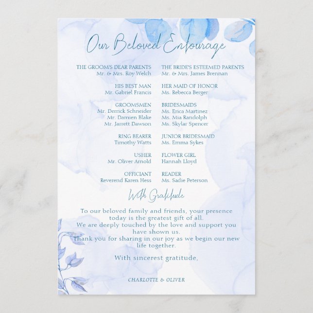 Programa Itinerário de Casamento com Aquarela Floral Azul E (Verso)