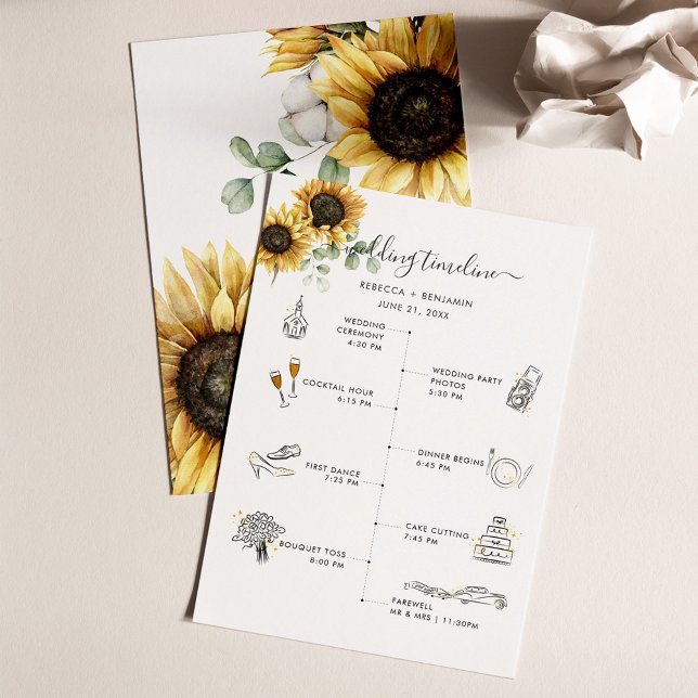 Programa Itinerário de Casamento Floral de Girassol com Íco (Floral Sunflower Eucalyptus Wedding Program Timeline Card)