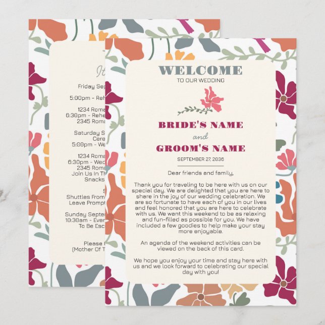 Programa Itinerário de Casamento Floral Retro Boho Chic (Frente/Verso)