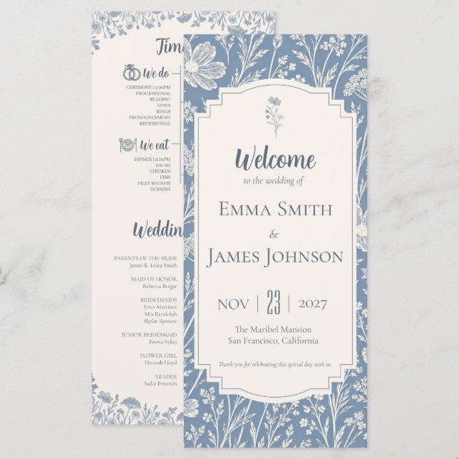 Programa Ivory Periwinkle Wildflower Wedding Program (Frente/Verso)