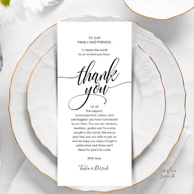Programa Janta de Convidado de Script Moderno Obrigado (Modern Script Wedding Guest Dinner Reception Brunch Lunch Thank You Card in Black and White)
